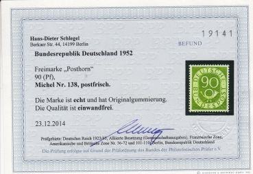 Preview: Deutsche Bundespost Michel Nr.: 138 postfrisch - Posthorn ! Geprüft Schlegel