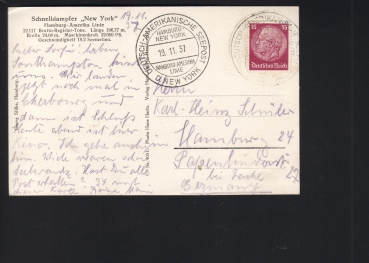 Postcard of the Liner New York  / Hamburg-Amerika Line ! Seapost 1937