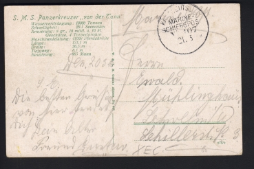 Preview: Postkarte des Schlachtkreuzers Von der Tann , kaiserliche Marine ! Marine Schiffspost Nr. 107
