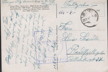Preview: Postkarte des Transantlantik Liners Bremen des Norddeutschen Lloyd - Feldpost , Quadrat Stempel