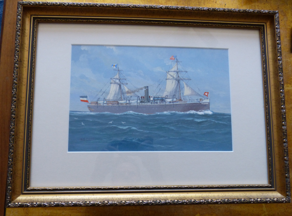 Gouache Colour Painting by Eduard Edler : old Steamer Germania - Hapag