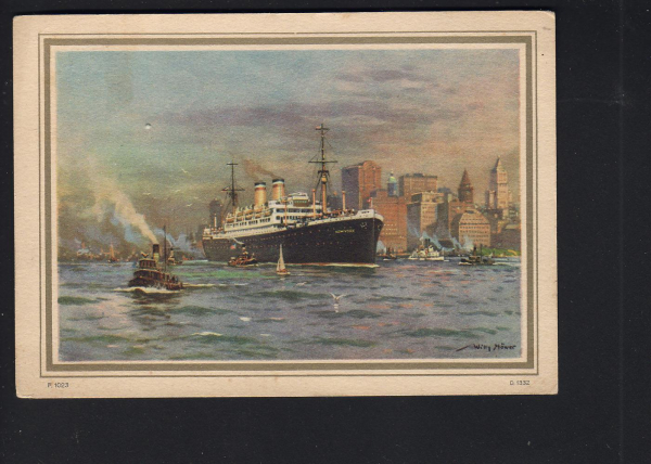 Willy Stöver Künster Postkarte , Dampfer New York mit H.A.L. Seepost Stempel von 1936 !