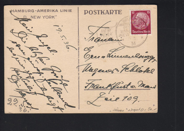 Willy Stöver Künster Postkarte , Dampfer New York mit H.A.L. Seepost Stempel von 1936 !