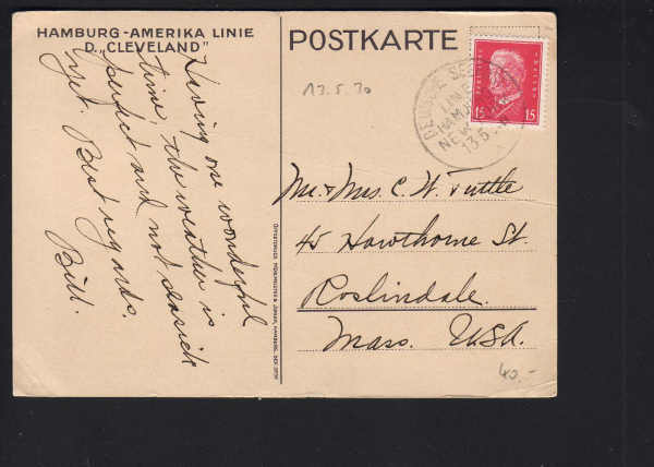 Hans Bohrdt Künster Postkarte , Dampfer Cleveland mit Seepost Stempel von 1930 !