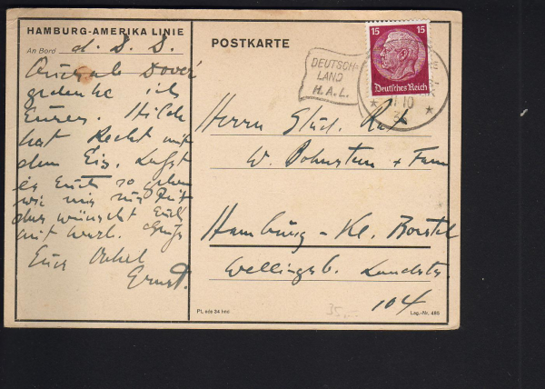 Postcard of the Liner Deutschland  / Hamburg-Amerika Line ! Seapost 1936