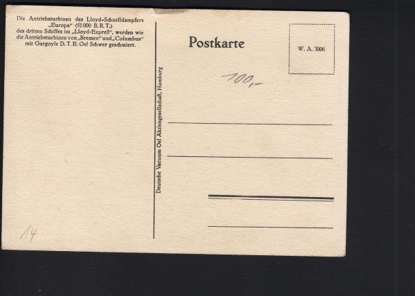 Gargoyle Werbe-Postkarte des Transantlantik Liners Europa des Norddeutschen Lloyd