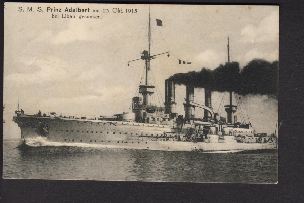 Postkarte des Panzerkreuzers Prinz Adalbert ! Feldpost - Marine Briefstempel