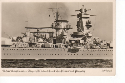 Postcard Pocket Battleship launching Aircraft !