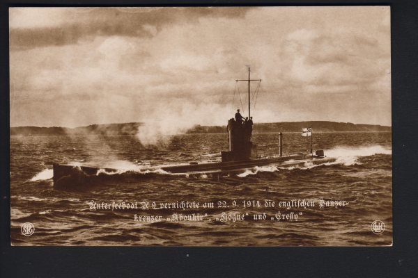 Gebr. Lempe Postkarte des U Bootes U 9 mit Marine Stempe / Feldpost l! 1. WK