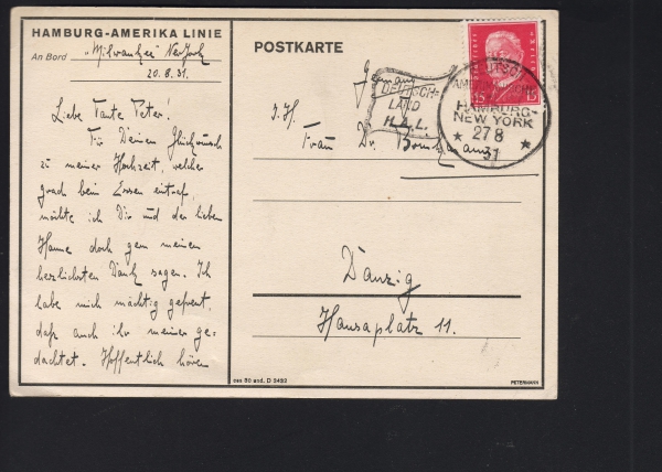 Postcard of HAPAG Steamer Milwaukee , Seapost 1931 !