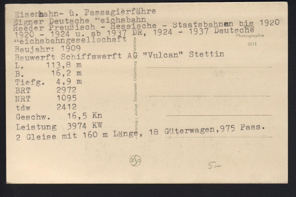 Postkarte der Dampffähre Deutschland ! Verlag Julius Simonsen