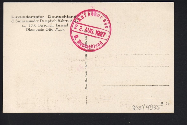 Postkarte des Ausflugsdampfers Deutschland ! Auf hoher See Stempel 1927