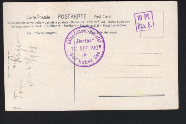 Postkarte des Ausflugsdampfers Hertha ! Auf hoher See Stempel 1908