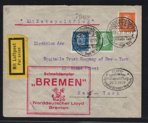 Katapult Flug Beleg 22.07.1929 , Dampfer Bremen nach New York !