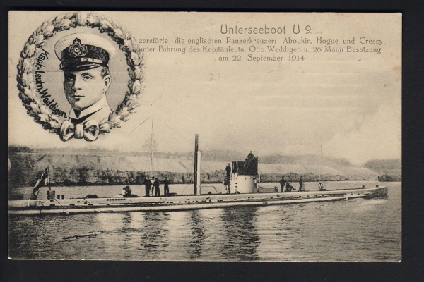 Carstens Postkarte des U Bootes U 9 - 1. WK - Kommandant Weddigen
