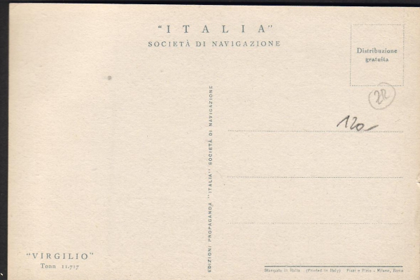 Postkarte des Dampfers Virgilio ! Societa di Navigazione