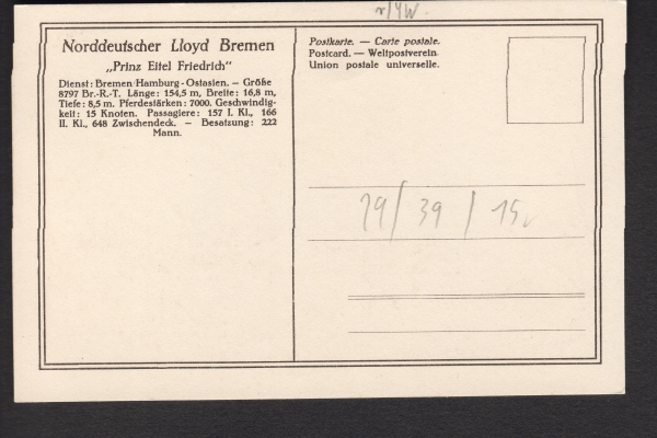 Postkarte des Dampfers Prinz Eitel Friedrich des Norddeutschen Lloyd  !