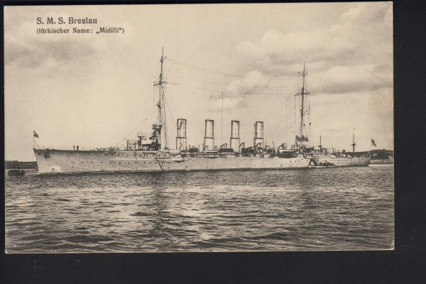 Gebr. Lempe Postkarte des Kreuzers Breslau mit MSP 160 ! Marineschiffspost
