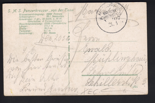 Postkarte des Schlachtkreuzers Von der Tann , kaiserliche Marine ! Marine Schiffspost Nr. 107