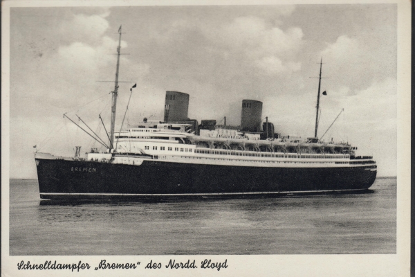 Postkarte des Transantlantik Liners Bremen des Norddeutschen Lloyd - Feldpost , Quadrat Stempel