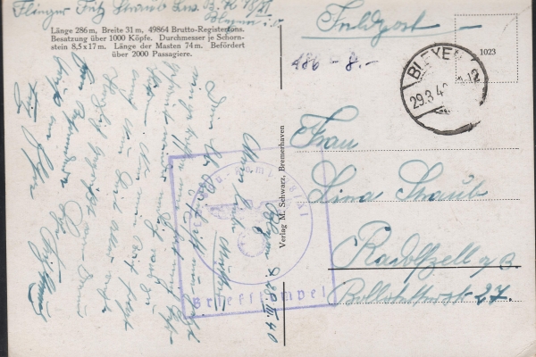 Postkarte des Transantlantik Liners Bremen des Norddeutschen Lloyd - Feldpost , Quadrat Stempel