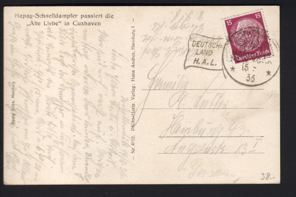 Postcard of a HAPAG Steamer leaving Hamburg , Seapost 1936 !