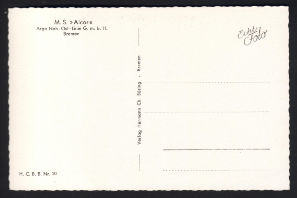 Postkarte des Motorschiff Alcor / Argo Nah Ost Linie !
