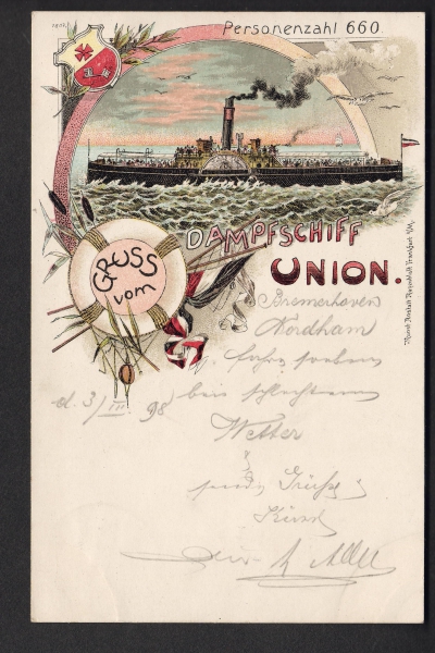 Postkarte Gruß vom Dampfer Union von 1898 - Kunstanstalt Rosenblatt