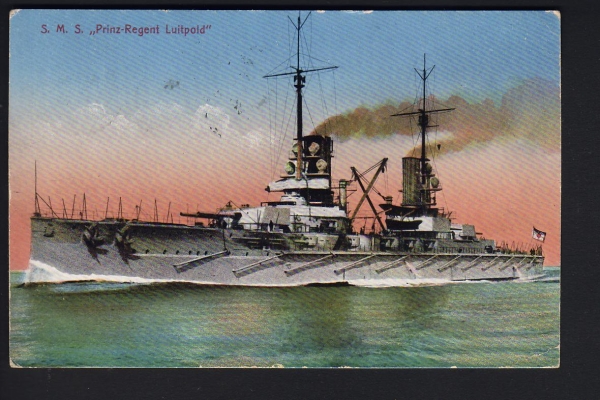 Postkarte des Schlachtschiffes Prinzregent Luitpold , kaiserliche Marine Briefstempel 1915 !!