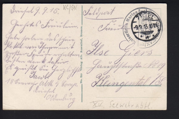 Postkarte des Schlachtschiffes Prinzregent Luitpold , kaiserliche Marine Briefstempel 1915 !!