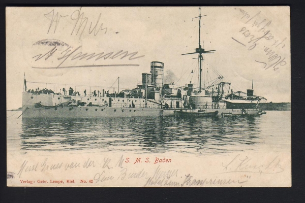 Postkarte vom Panzerschiff Baden - kaiserliche Marine ! Gebrüder Lempe
