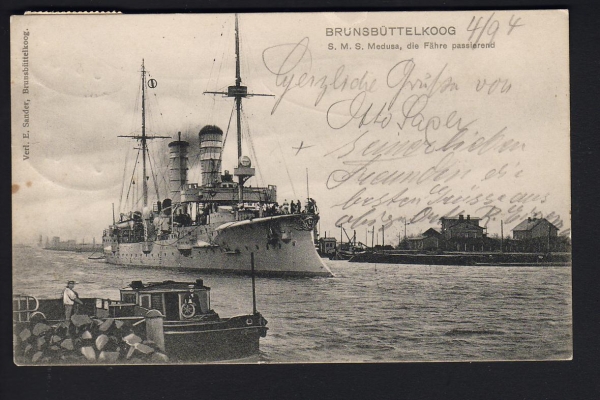 Postkarte des kleinen Kreuzers Medusa ! Kaiserliche Marine - Bahnpost