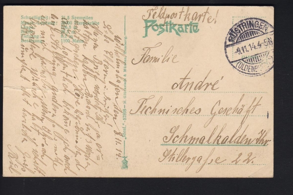 Postcard Battleship Oldenburg 1. WW ! Imperial Navy , Fieldpost 1914